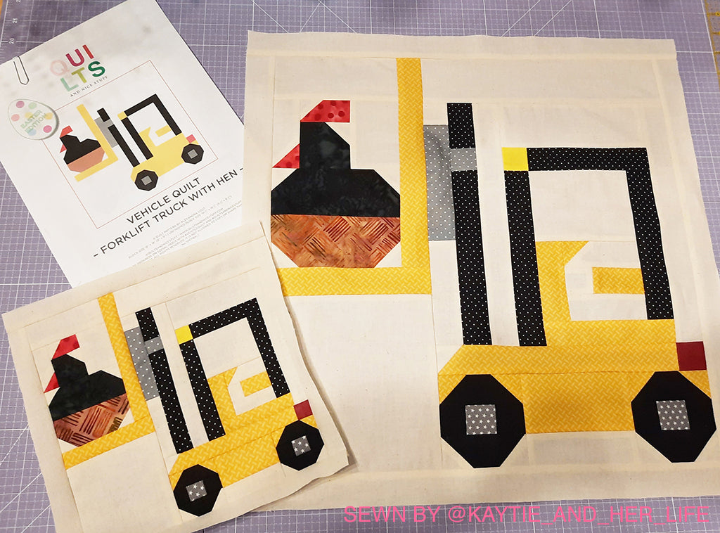 Forklift with a hen – PDF Quilt Block Pattern – Easter Edition