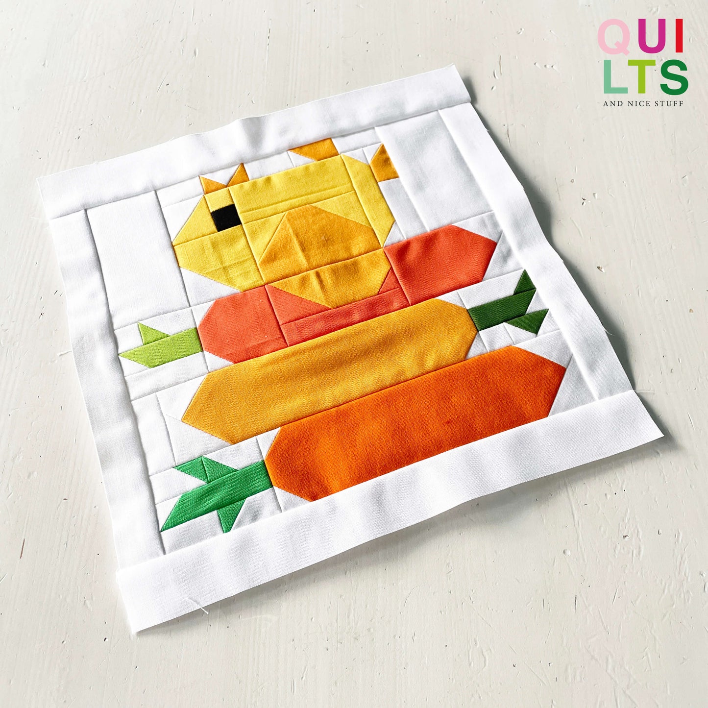Baby Chicken with Carrots – PDF Quilt Block Pattern