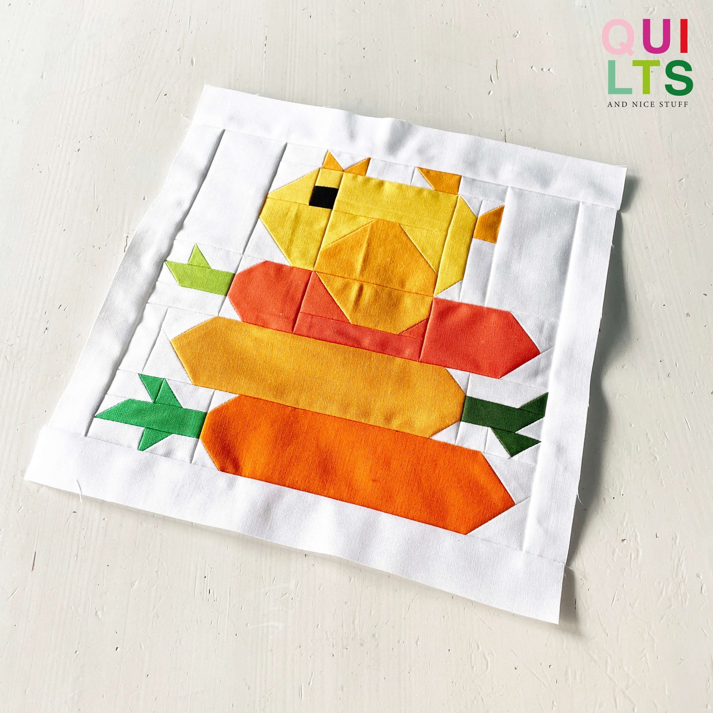 Baby Chicken with Carrots – PDF Quilt Block Pattern