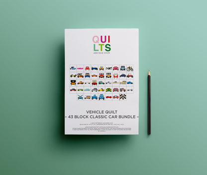 PDF Anleitungspaket – 43 Classic Car Quilt Blöcke